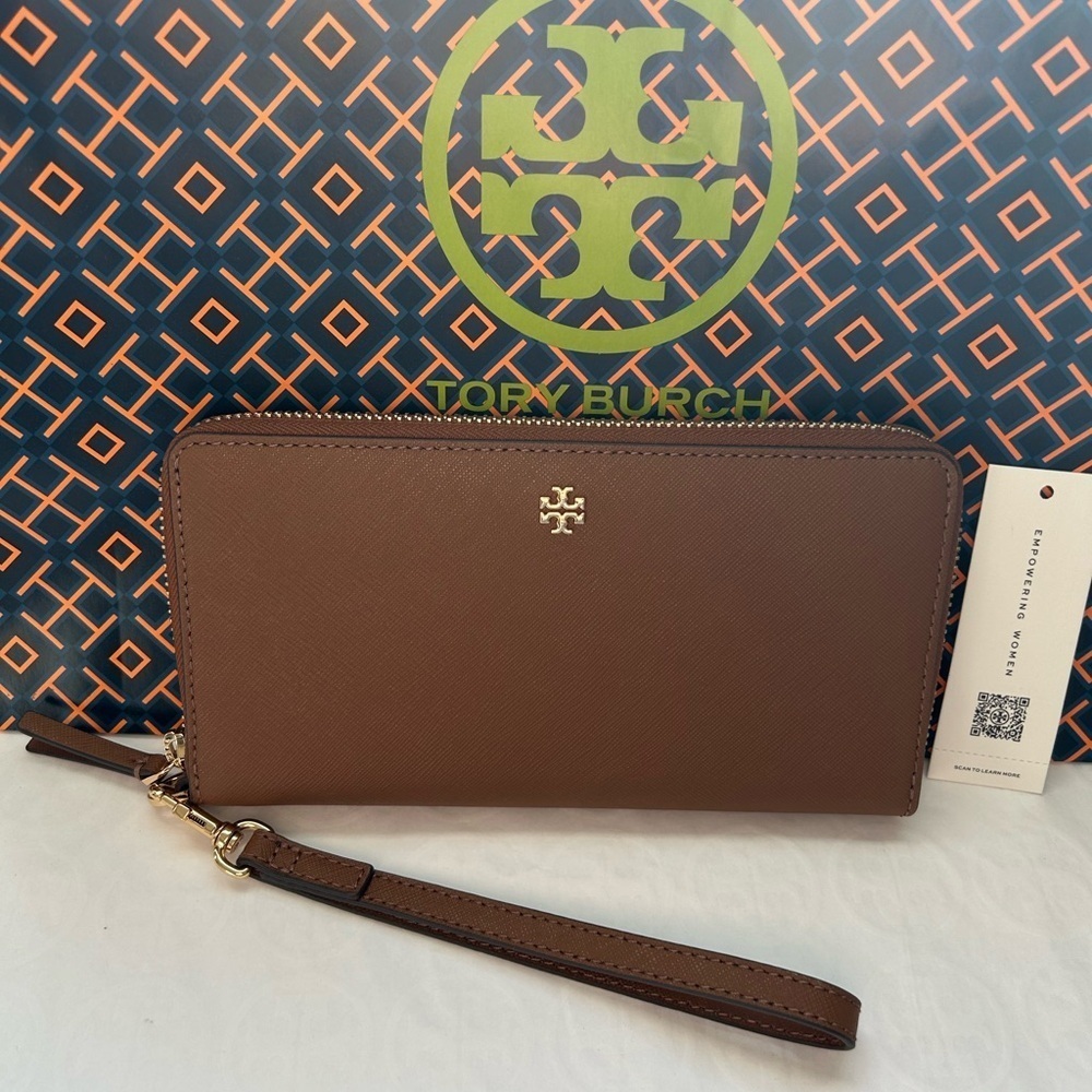 Tory Burch Emerson Zip Continental Wallet Moose Gold Tan Brown
